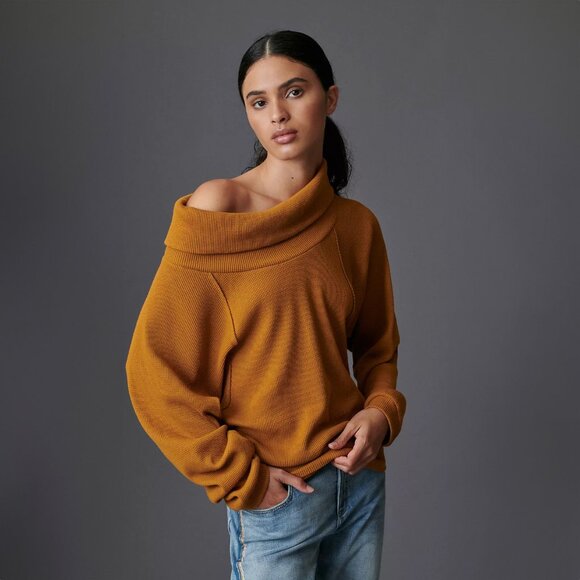 Pilcro Angie Mock Neck Waffle Top in Gold - sz XL - Picture 1 of 8